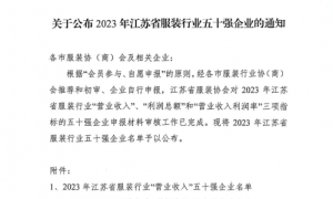 江苏派逊连续3年入选“江苏省服装行业五十强企业”